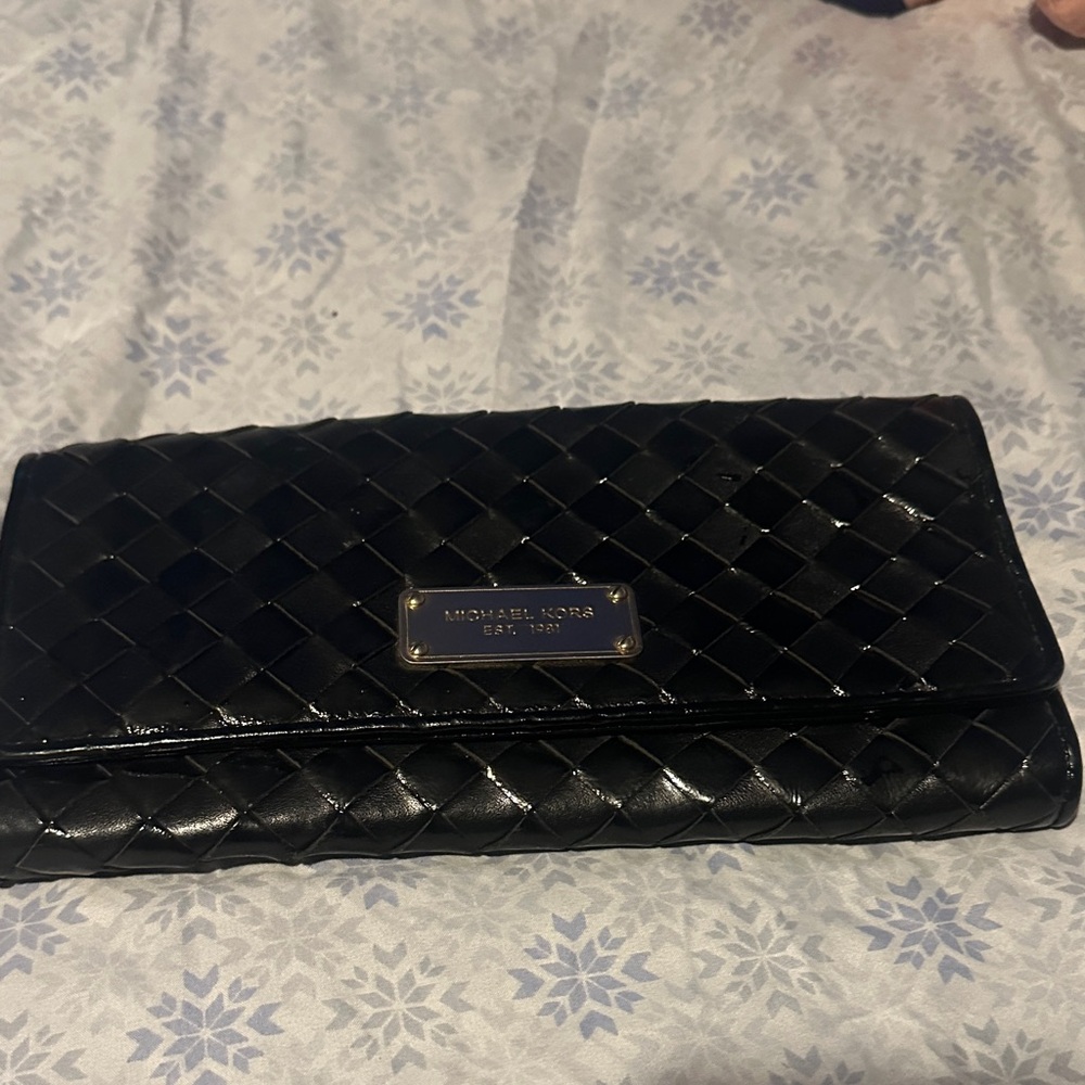 Michael Kors Black Quilted Patent Leather Fold-Over Wallet Clutch